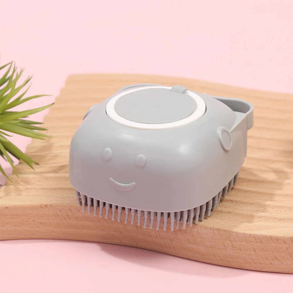Pet Shower Massage Brush with Shampoo Dispenser – Soft Silicone Bathing & Grooming Tool