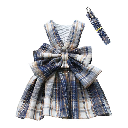 Paws & Lush Summer Plaid Bow Dog Dress with Leash Set