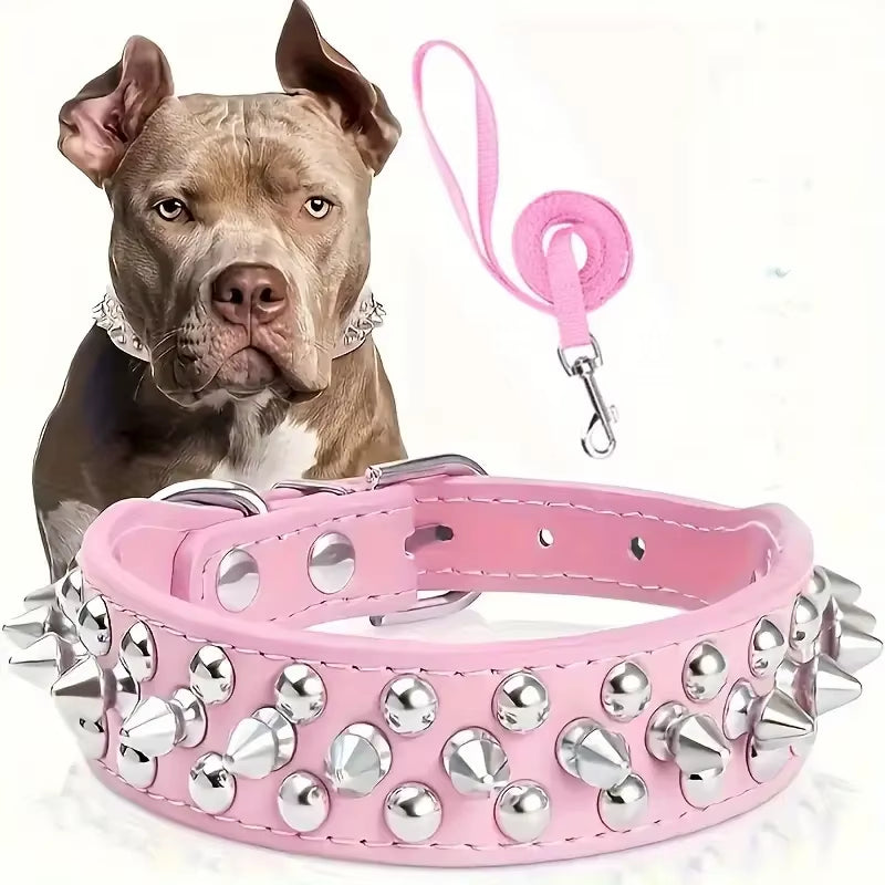 Bossy Dog Spiked Leather Dog Collar & Leash Set