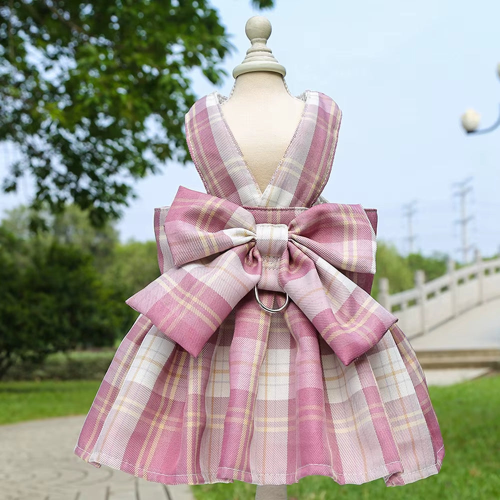 Paws & Lush Summer Plaid Bow Dog Dress with Leash Set