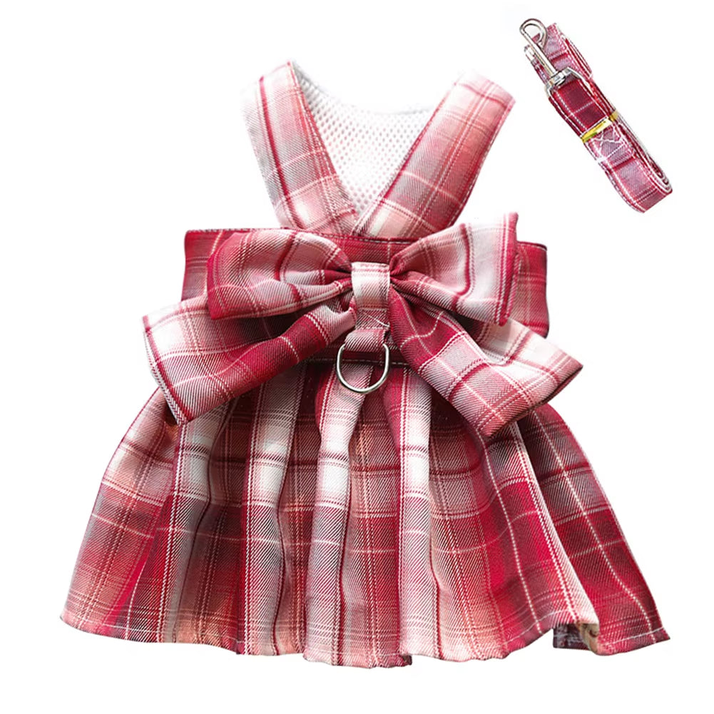 Paws & Lush Summer Plaid Bow Dog Dress with Leash Set