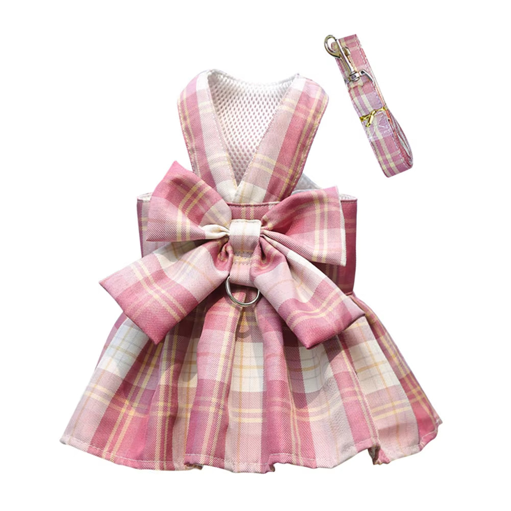 Paws & Lush Summer Plaid Bow Dog Dress with Leash Set