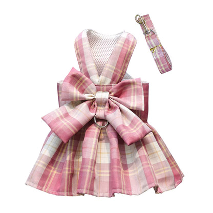 Paws & Lush Summer Plaid Bow Dog Dress with Leash Set