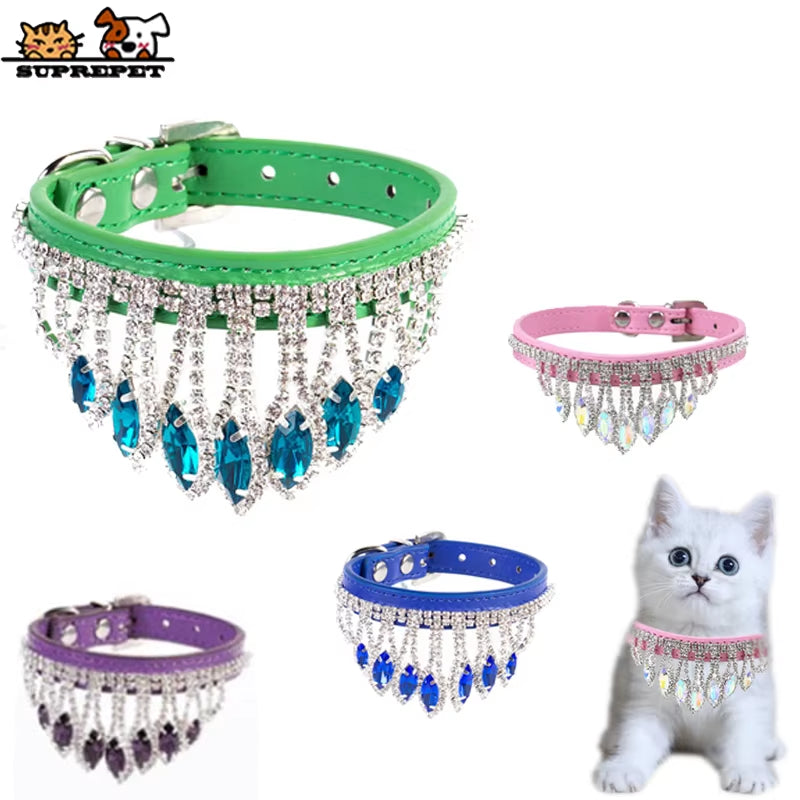 Sassy Cat Jeweled PU Leather Pet Collar with Rhinestone Buckle