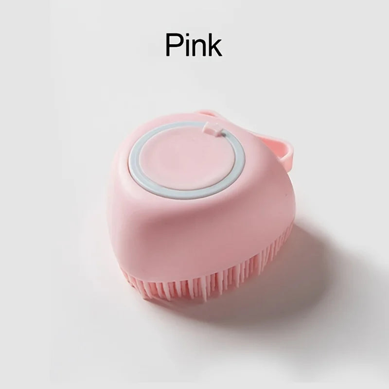 Pet Shower Massage Brush with Shampoo Dispenser – Soft Silicone Bathing & Grooming Tool