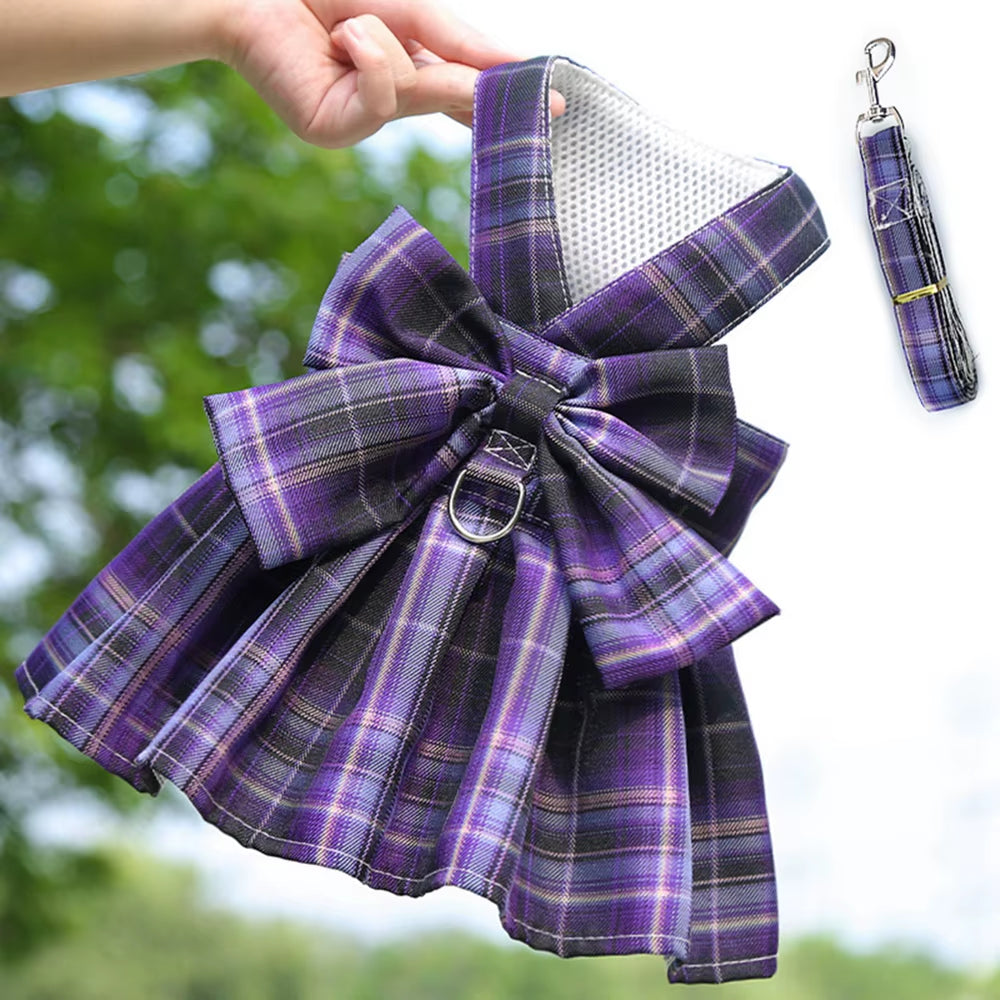 Paws & Lush Summer Plaid Bow Dog Dress with Leash Set