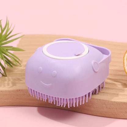 Pet Shower Massage Brush with Shampoo Dispenser – Soft Silicone Bathing & Grooming Tool