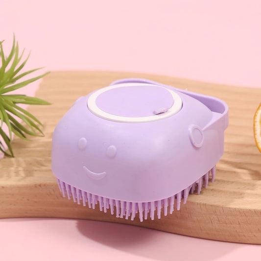 Pet Shower Massage Brush with Shampoo Dispenser – Soft Silicone Bathing & Grooming Tool