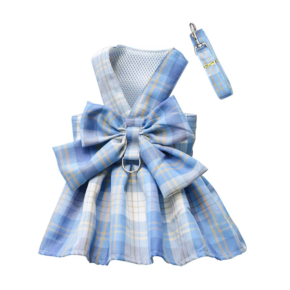 Paws & Lush Summer Plaid Bow Dog Dress with Leash Set