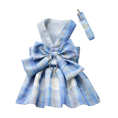 Paws & Lush Summer Plaid Bow Dog Dress with Leash Set