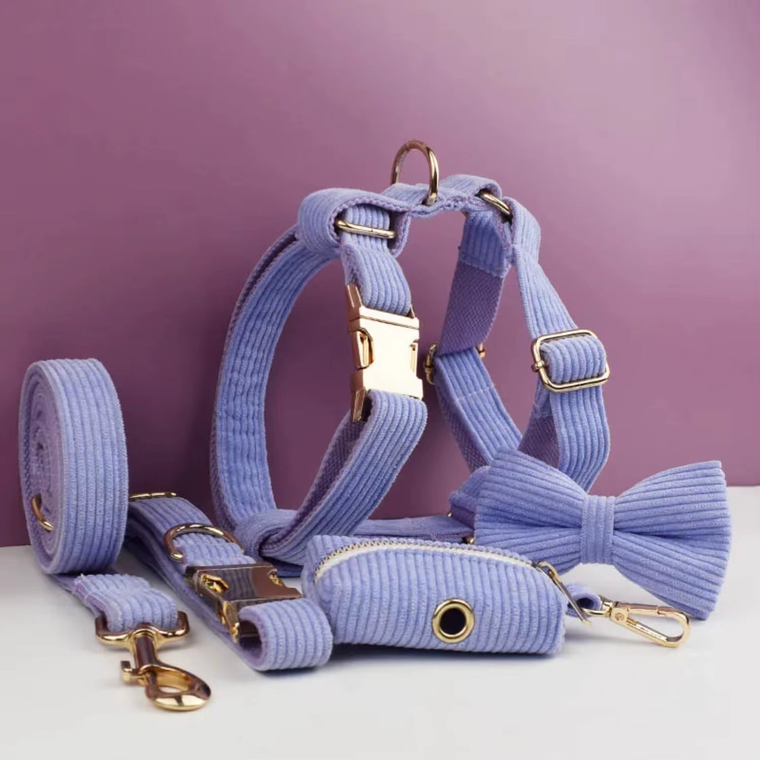 VelvetLux Purple Corduroy Dog Collar & Leash Set 