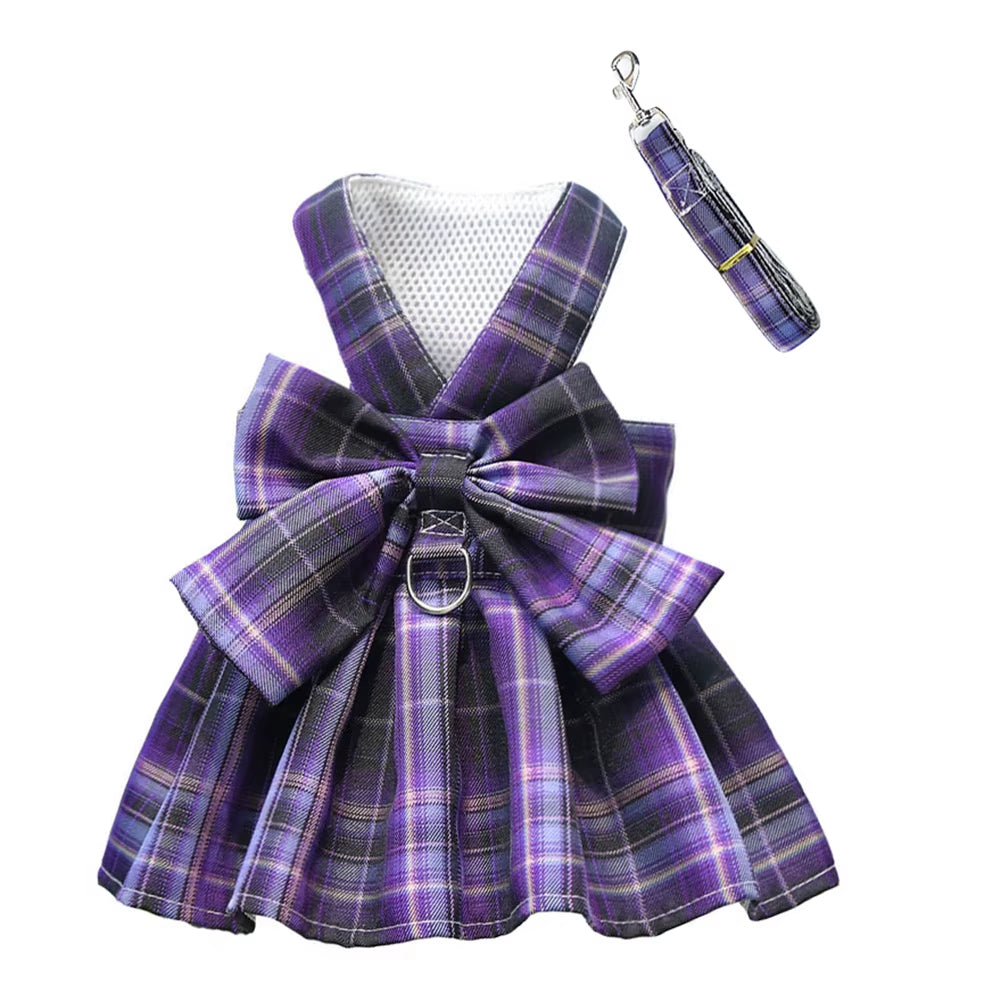 Paws & Lush Summer Plaid Bow Dog Dress with Leash Set