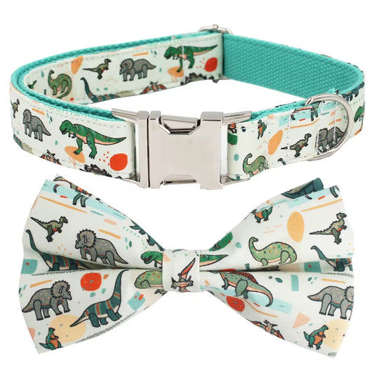 SERGIO Summer Dinosaur Dog Collar & Leash Set with Bow Tie