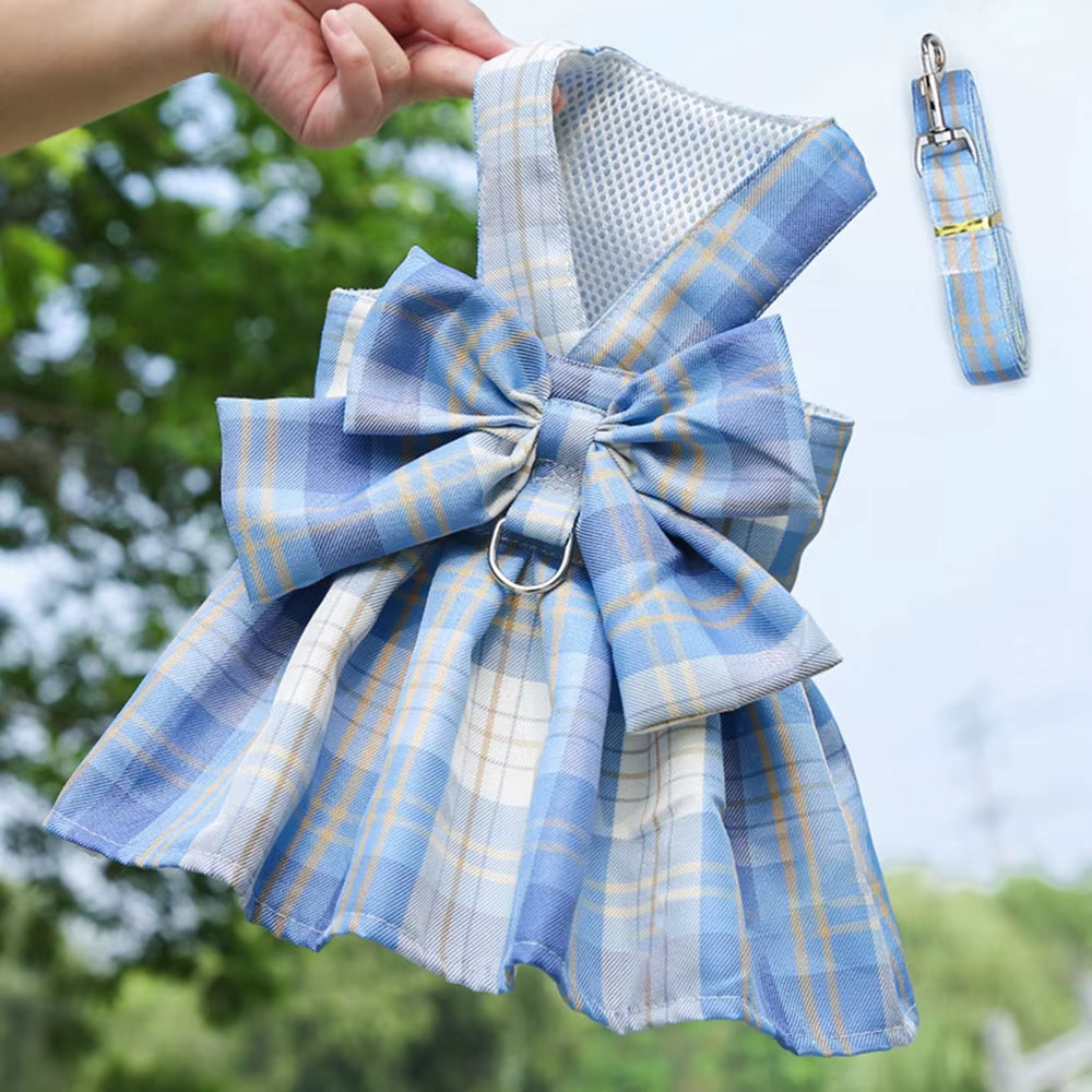 Paws & Lush Summer Plaid Bow Dog Dress with Leash Set