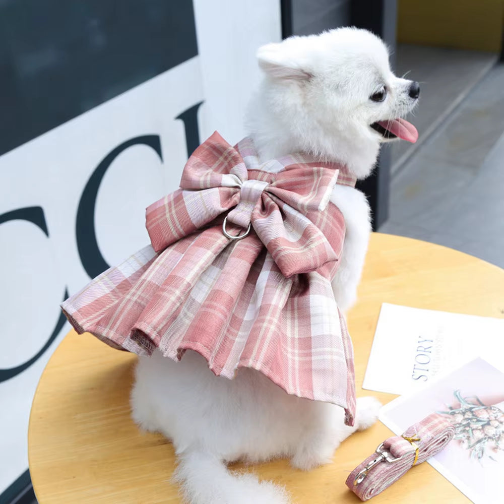 Paws & Lush Summer Plaid Bow Dog Dress with Leash Set
