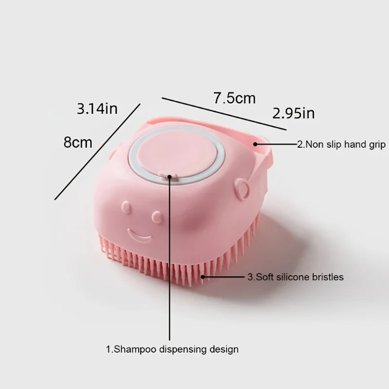 Pet Shower Massage Brush with Shampoo Dispenser – Soft Silicone Bathing & Grooming Tool